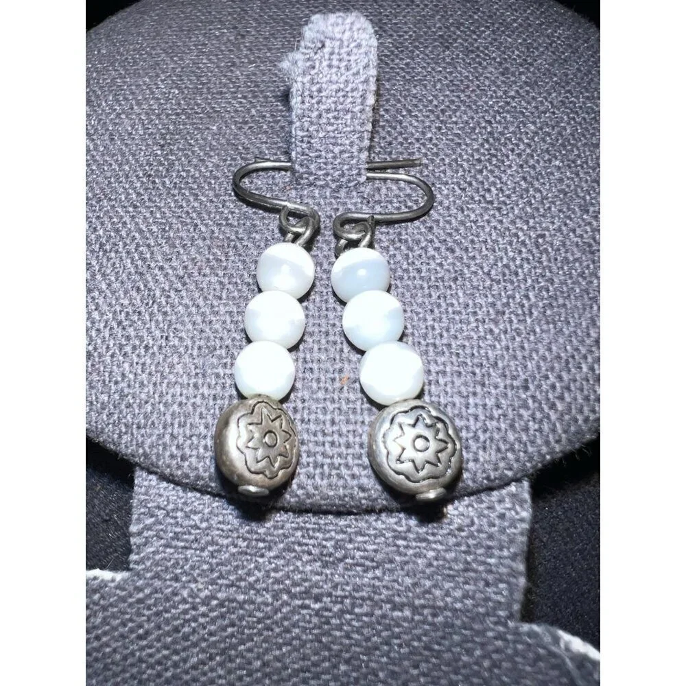 Artisan Handmade Three Drop Cat's Eye Gemstone Silver Bead Hook Earrings